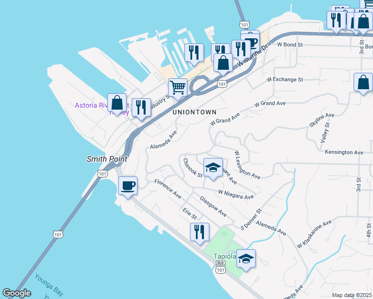 map of restaurants, bars, coffee shops, grocery stores, and more near 570 West Lexington Avenue in Astoria