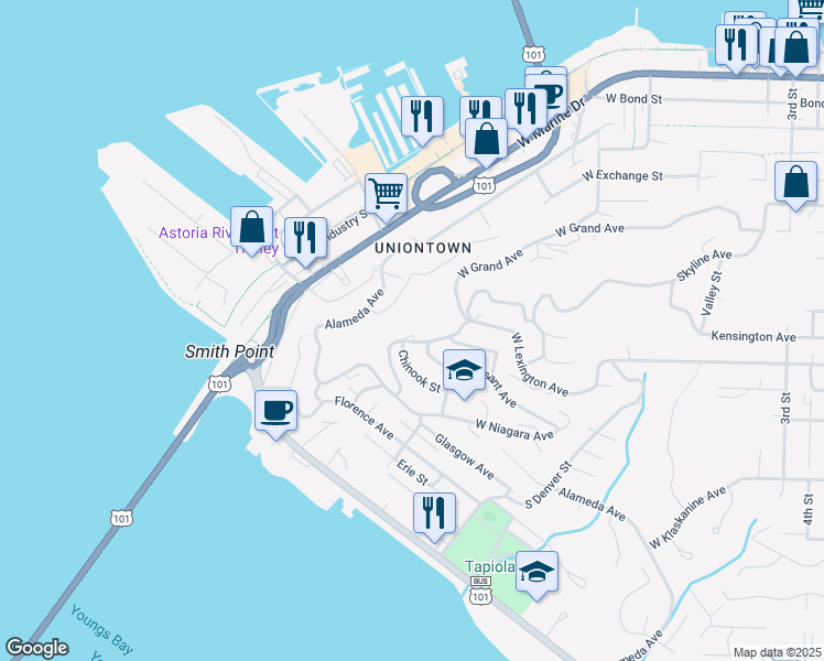 map of restaurants, bars, coffee shops, grocery stores, and more near 570 West Lexington Avenue in Astoria
