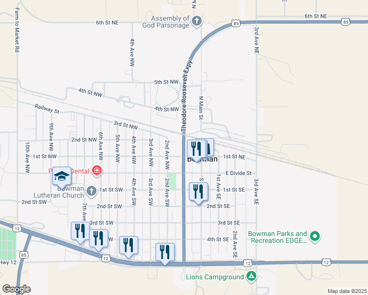 map of restaurants, bars, coffee shops, grocery stores, and more near Theodore Roosevelt Expressway in Bowman
