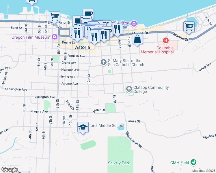 map of restaurants, bars, coffee shops, grocery stores, and more near 1441 Jerome Avenue in Astoria