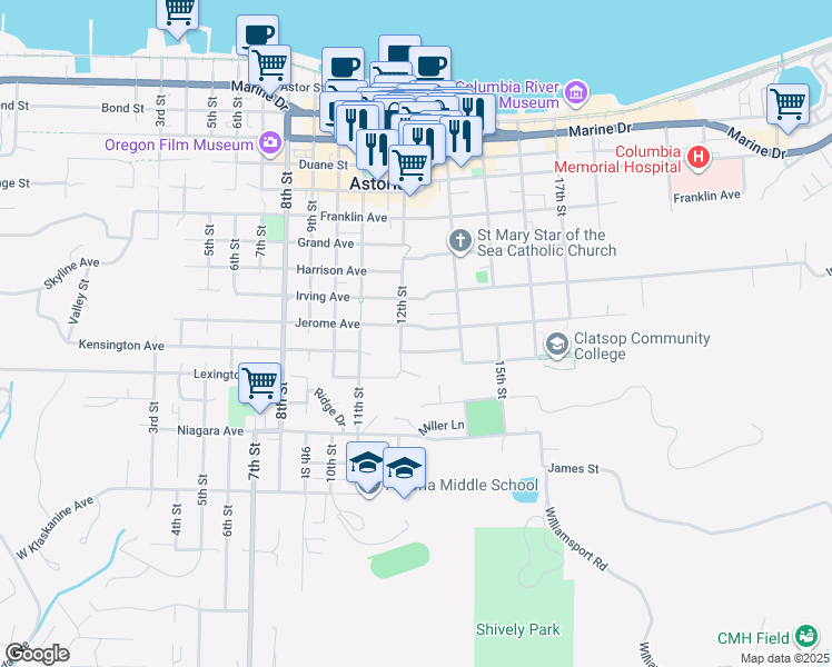 map of restaurants, bars, coffee shops, grocery stores, and more near 1267 Jerome Avenue in Astoria