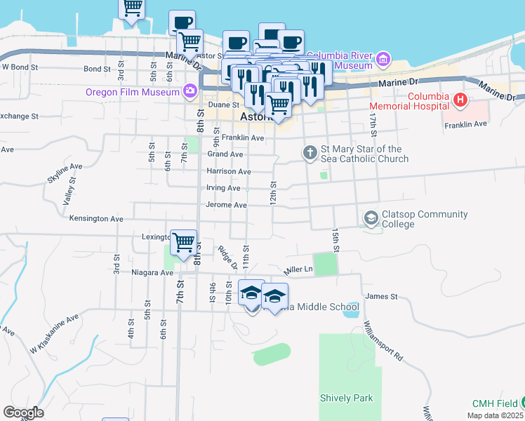 map of restaurants, bars, coffee shops, grocery stores, and more near 1167 Jerome Avenue in Astoria