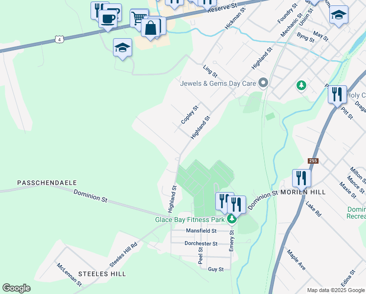 map of restaurants, bars, coffee shops, grocery stores, and more near 104 Highland Street in Glace Bay