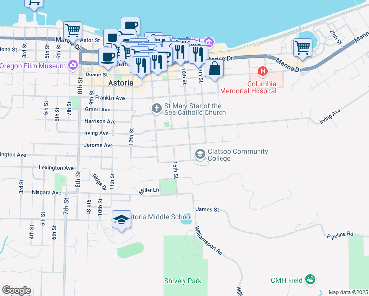 map of restaurants, bars, coffee shops, grocery stores, and more near 1567 Jerome Avenue in Astoria