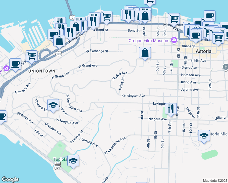 map of restaurants, bars, coffee shops, grocery stores, and more near 25 West Kensington Avenue in Astoria