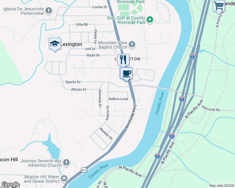 map of restaurants, bars, coffee shops, grocery stores, and more near 118 Balboa Loop in Kelso