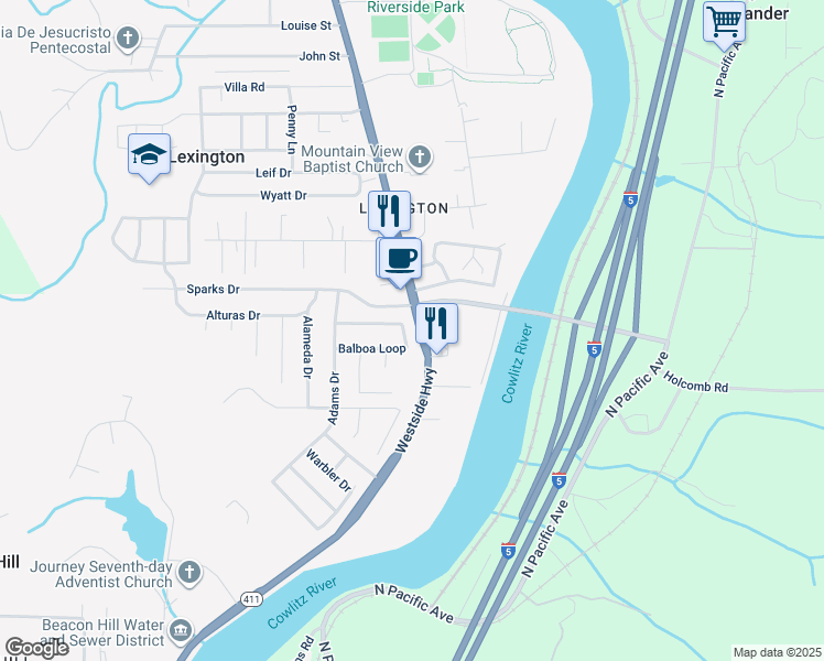 map of restaurants, bars, coffee shops, grocery stores, and more near 143 Balboa Loop in Kelso