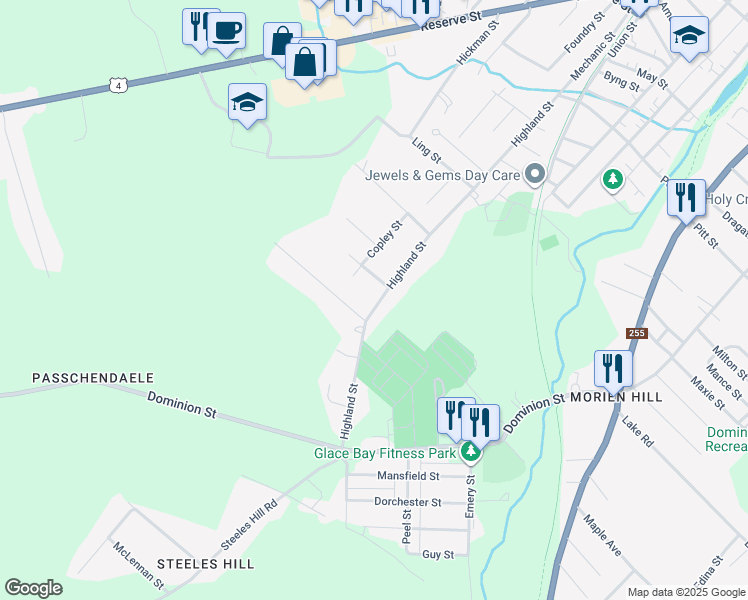 map of restaurants, bars, coffee shops, grocery stores, and more near 100 Highland Street in Glace Bay