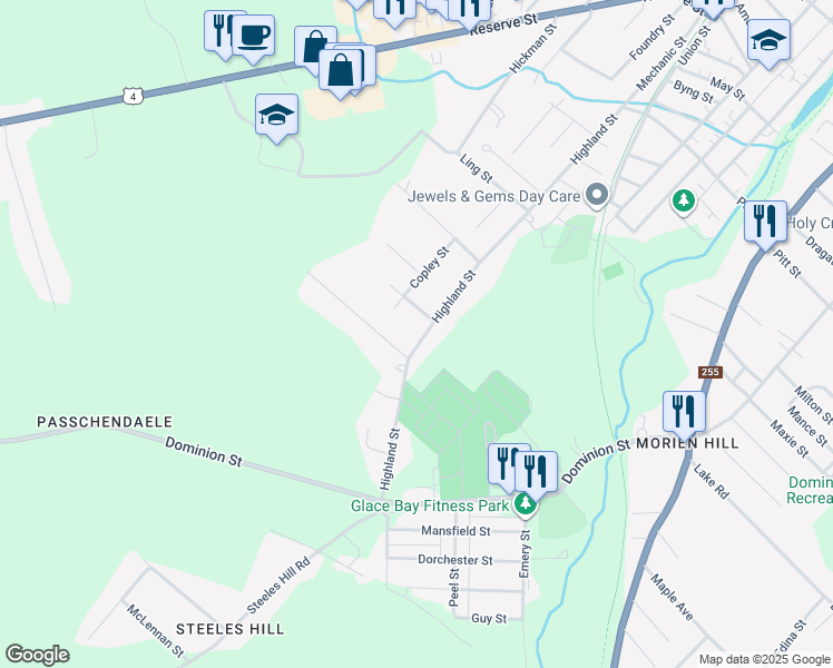 map of restaurants, bars, coffee shops, grocery stores, and more near 100 Highland Street in Glace Bay