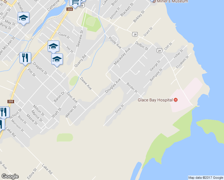 map of restaurants, bars, coffee shops, grocery stores, and more near 233 Douglas Avenue in Glace Bay