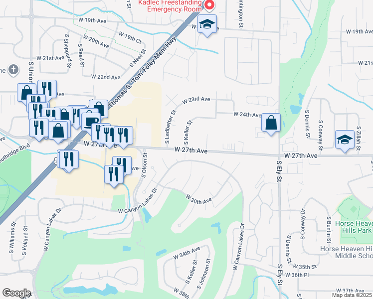 map of restaurants, bars, coffee shops, grocery stores, and more near 3222 West 27th Avenue in Kennewick