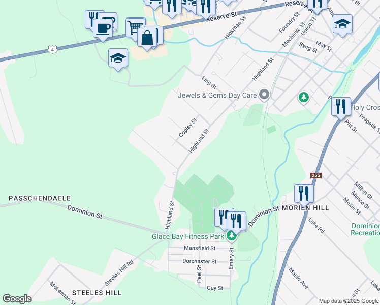 map of restaurants, bars, coffee shops, grocery stores, and more near Highland Street in Glace Bay