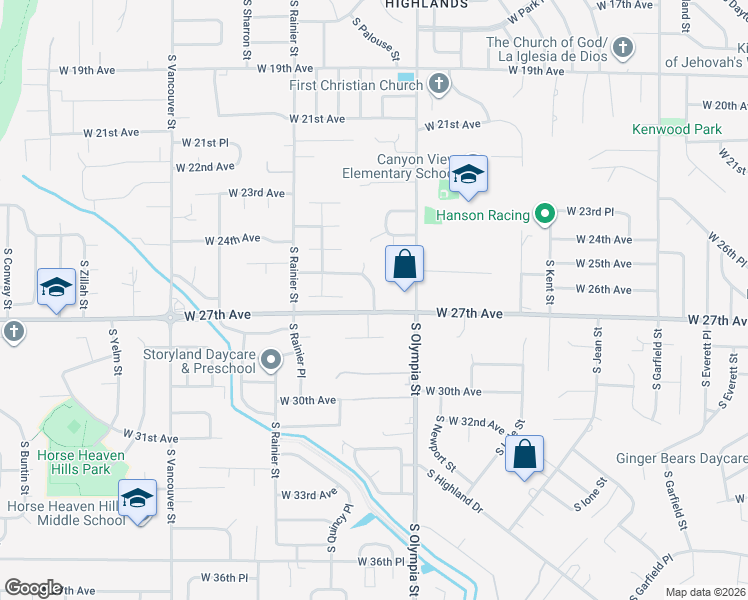 map of restaurants, bars, coffee shops, grocery stores, and more near 1601 West 25th Avenue in Kennewick