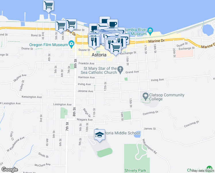map of restaurants, bars, coffee shops, grocery stores, and more near 1288 Irving Avenue in Astoria