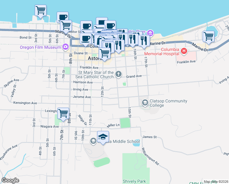 map of restaurants, bars, coffee shops, grocery stores, and more near 1406-1422 Irving Avenue in Astoria