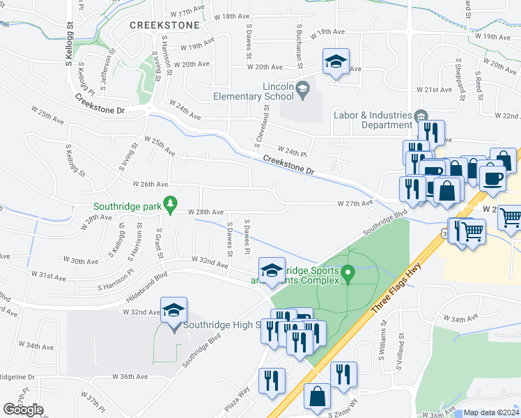 map of restaurants, bars, coffee shops, grocery stores, and more near 5074 West 28th Avenue in Kennewick