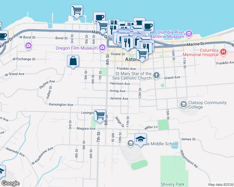 map of restaurants, bars, coffee shops, grocery stores, and more near 886 Irving Avenue in Astoria