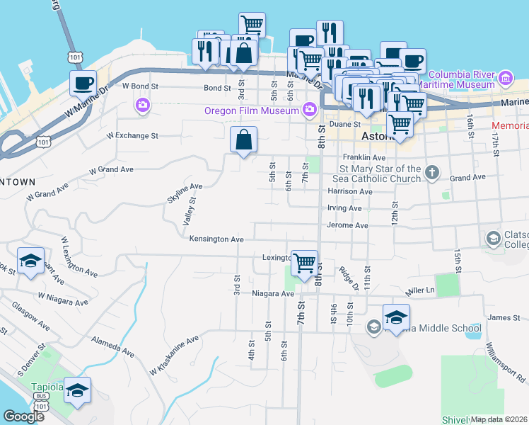 map of restaurants, bars, coffee shops, grocery stores, and more near 909 5th Street in Astoria