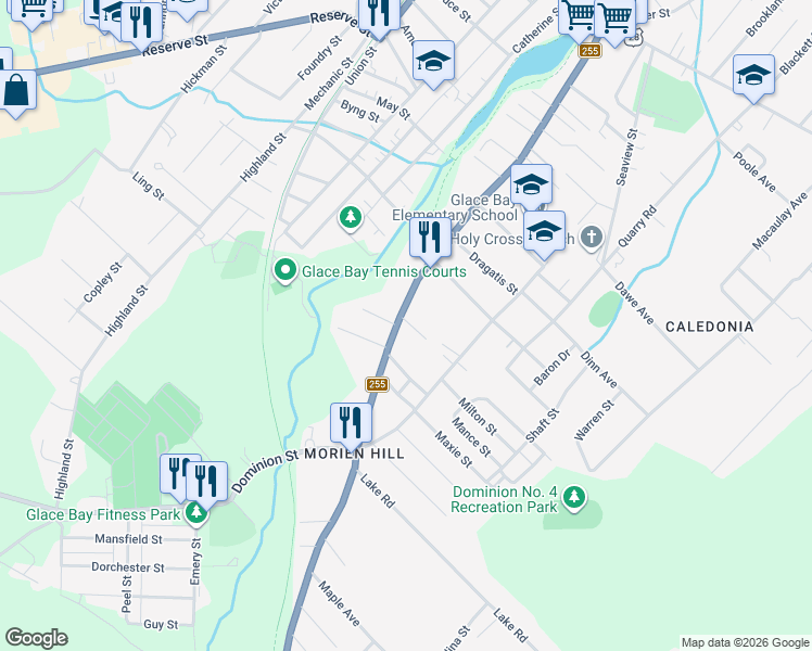 map of restaurants, bars, coffee shops, grocery stores, and more near 231 Brookside Street in Glace Bay