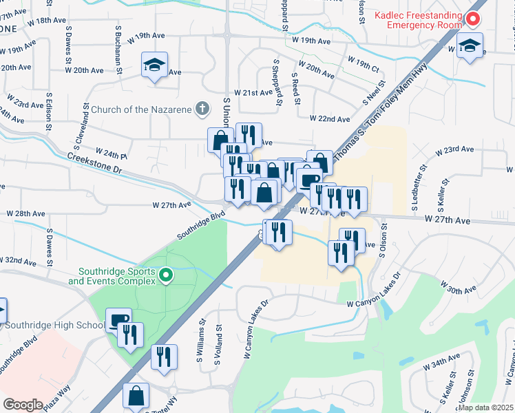 map of restaurants, bars, coffee shops, grocery stores, and more near 4218-4268 West 27th Avenue in Kennewick