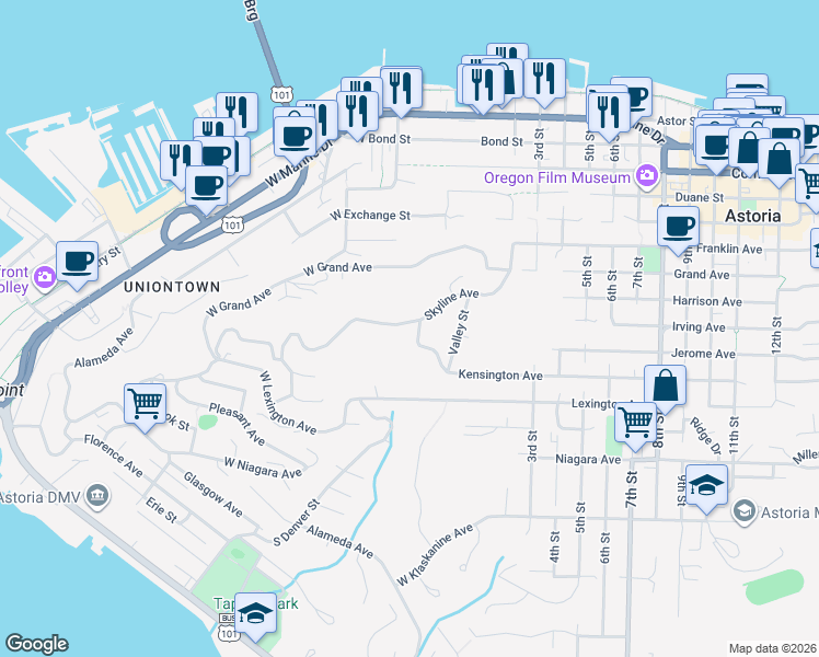 map of restaurants, bars, coffee shops, grocery stores, and more near 115 Skyline Avenue in Astoria
