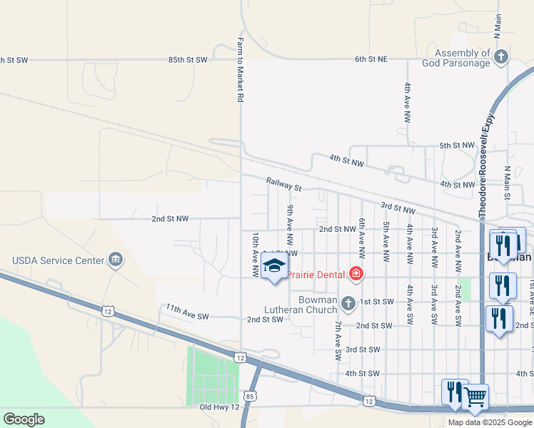 map of restaurants, bars, coffee shops, grocery stores, and more near 1000-1098 Sunset Place in Bowman