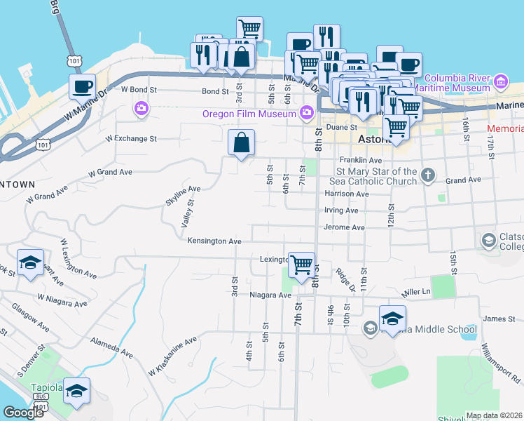 map of restaurants, bars, coffee shops, grocery stores, and more near 907 5th Street in Astoria