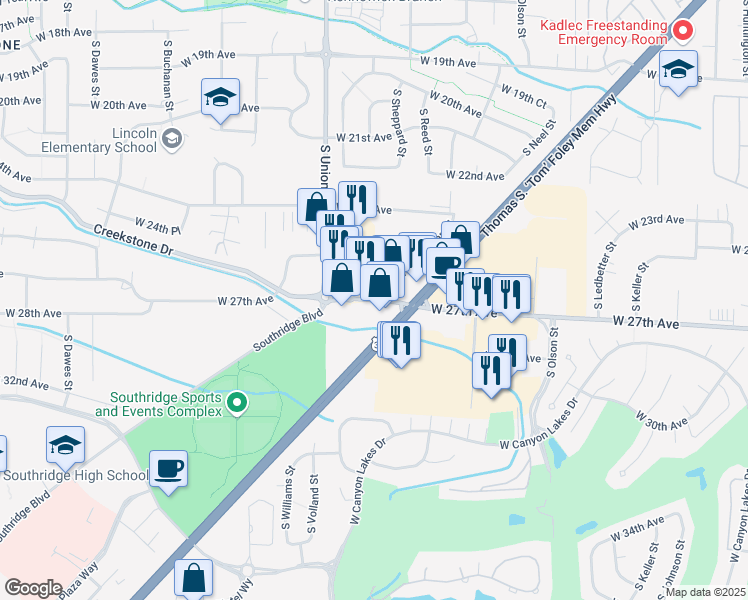 map of restaurants, bars, coffee shops, grocery stores, and more near 4290 West 27th Avenue in Kennewick