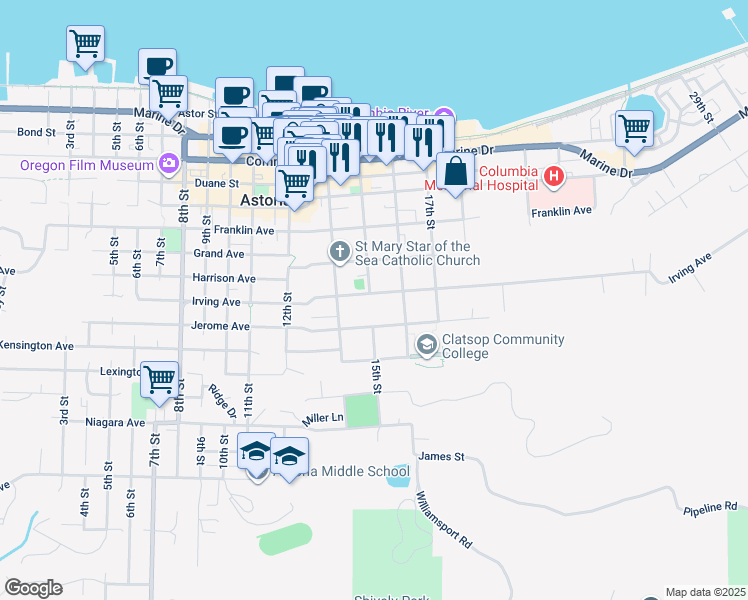 map of restaurants, bars, coffee shops, grocery stores, and more near 1513 Irving Avenue in Astoria