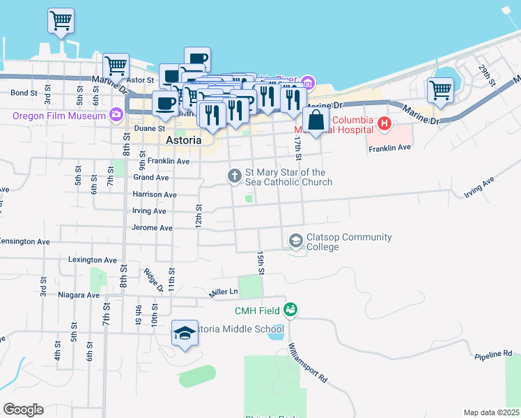 map of restaurants, bars, coffee shops, grocery stores, and more near 1513 Irving Avenue in Astoria