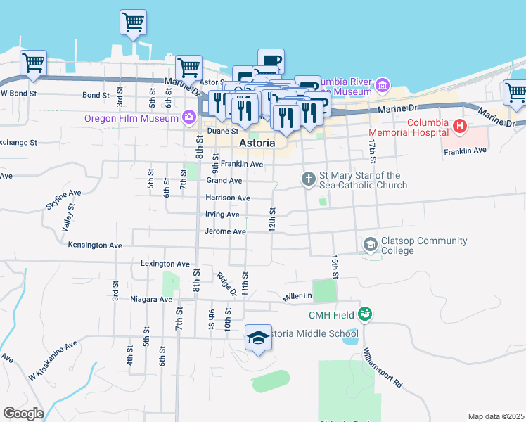 map of restaurants, bars, coffee shops, grocery stores, and more near 1160 Irving Avenue in Astoria