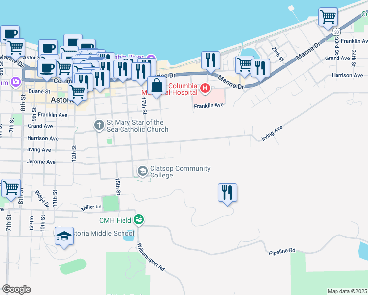 map of restaurants, bars, coffee shops, grocery stores, and more near 948 19th Street in Astoria