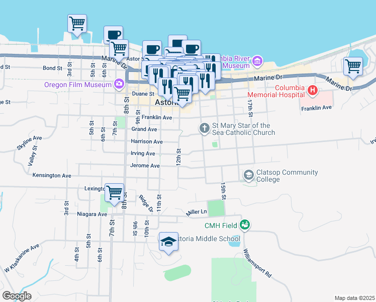 map of restaurants, bars, coffee shops, grocery stores, and more near 1288 Irving Avenue in Astoria