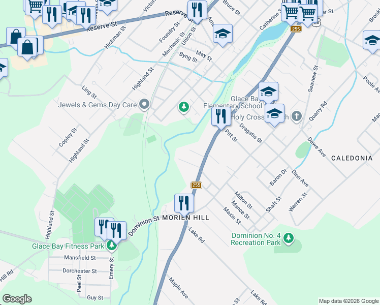 map of restaurants, bars, coffee shops, grocery stores, and more near 11 Cameron Street in Glace Bay
