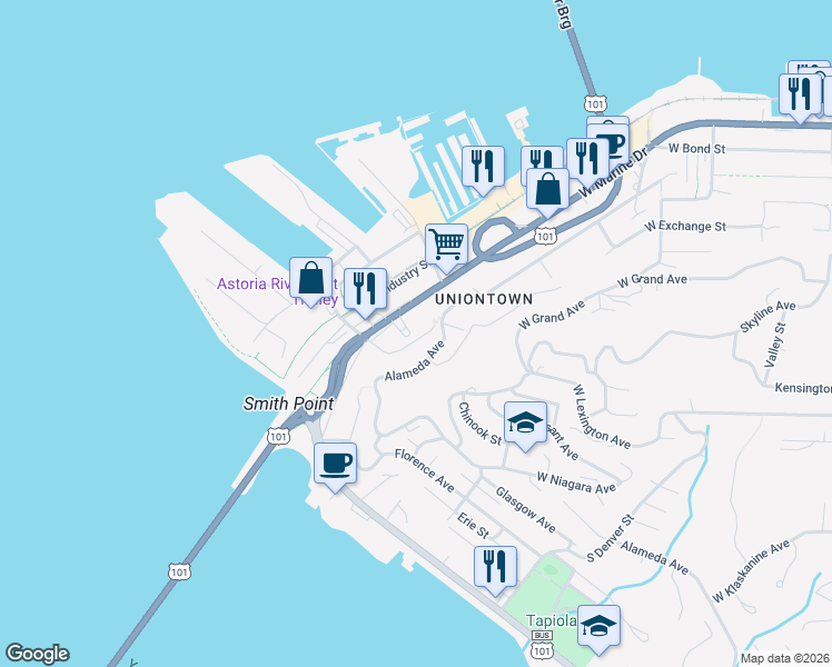 map of restaurants, bars, coffee shops, grocery stores, and more near 470 Hamburg Avenue in Astoria