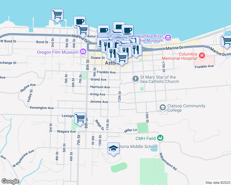 map of restaurants, bars, coffee shops, grocery stores, and more near 1160 Irving Avenue in Astoria