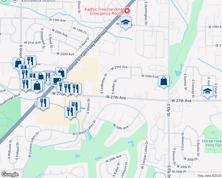 map of restaurants, bars, coffee shops, grocery stores, and more near 2506 South Keller Street in Kennewick