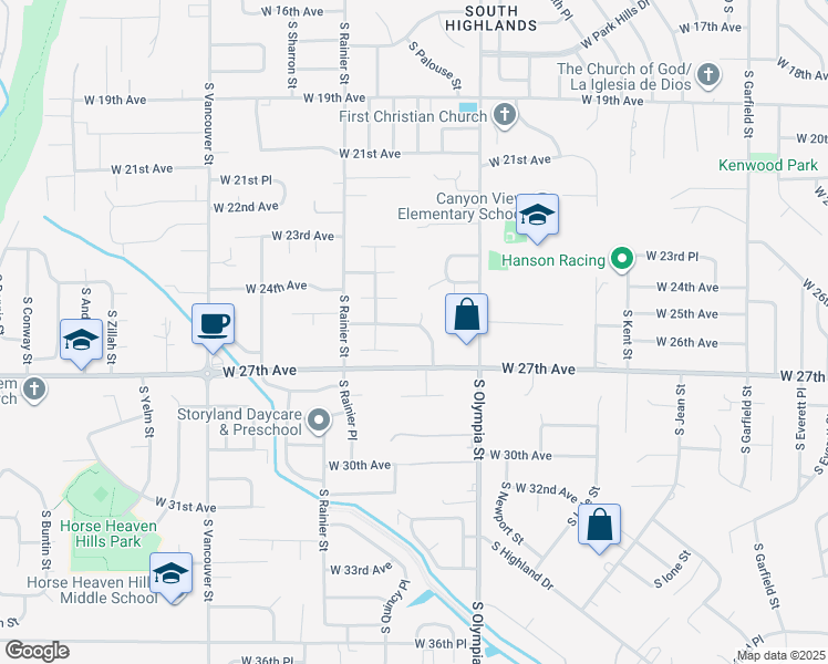 map of restaurants, bars, coffee shops, grocery stores, and more near 1601 West 25th Avenue in Kennewick