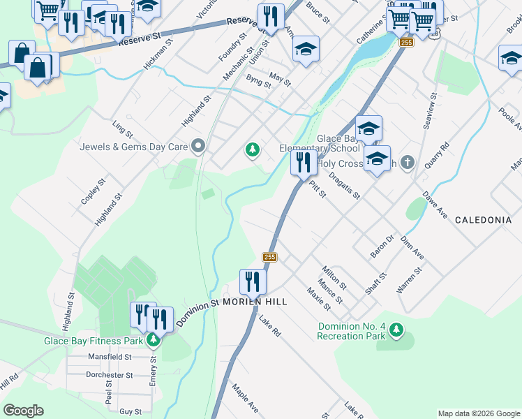 map of restaurants, bars, coffee shops, grocery stores, and more near 11 Cameron Street in Glace Bay