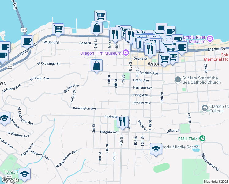 map of restaurants, bars, coffee shops, grocery stores, and more near 875 6th Street in Astoria