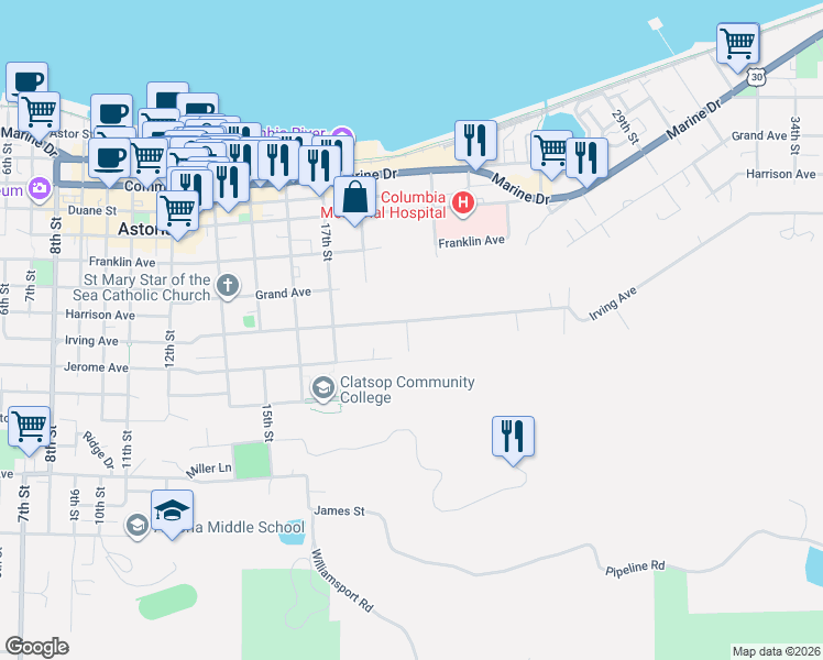 map of restaurants, bars, coffee shops, grocery stores, and more near 19th Street in Astoria