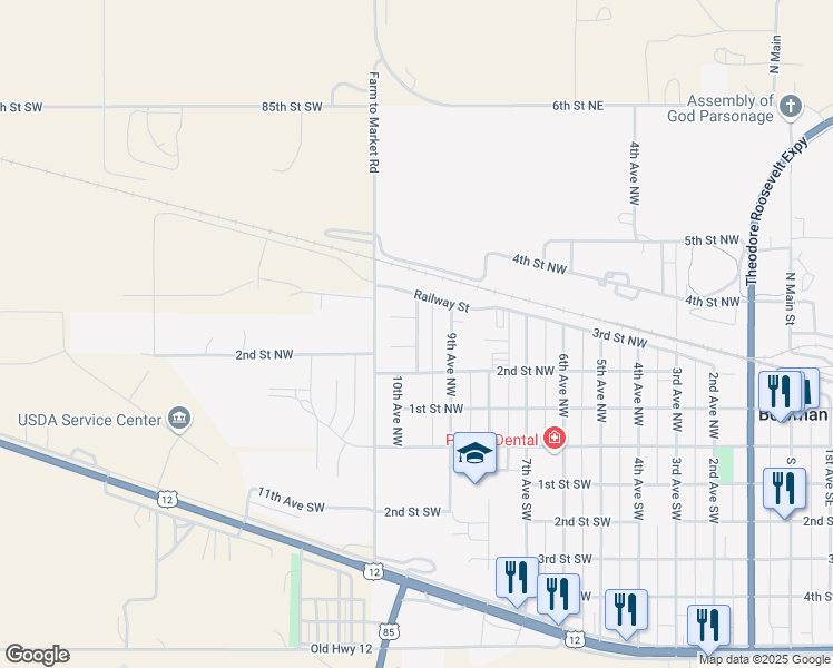 map of restaurants, bars, coffee shops, grocery stores, and more near 1000-1098 Sunset Place in Bowman