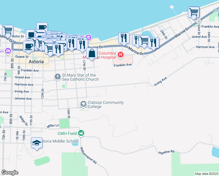 map of restaurants, bars, coffee shops, grocery stores, and more near 948 19th Street in Astoria