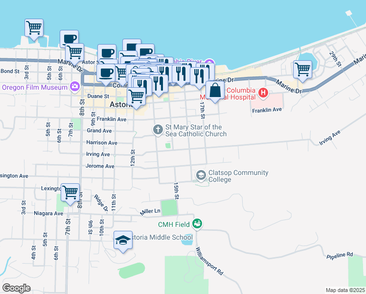 map of restaurants, bars, coffee shops, grocery stores, and more near 1513 Irving Avenue in Astoria