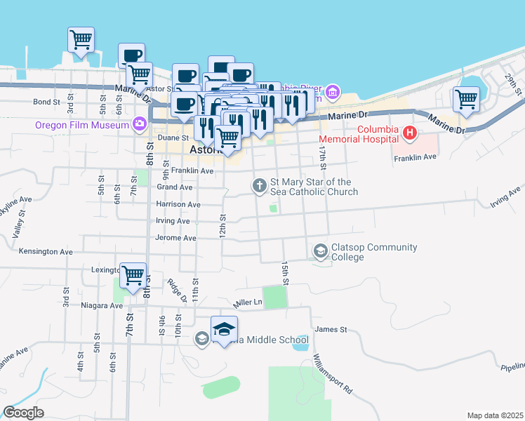 map of restaurants, bars, coffee shops, grocery stores, and more near 1406-1422 Irving Avenue in Astoria