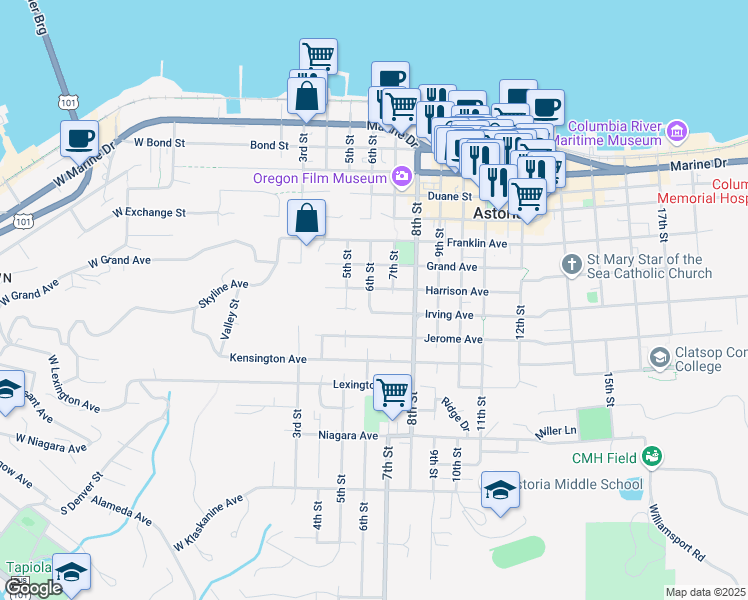map of restaurants, bars, coffee shops, grocery stores, and more near 875 6th Street in Astoria