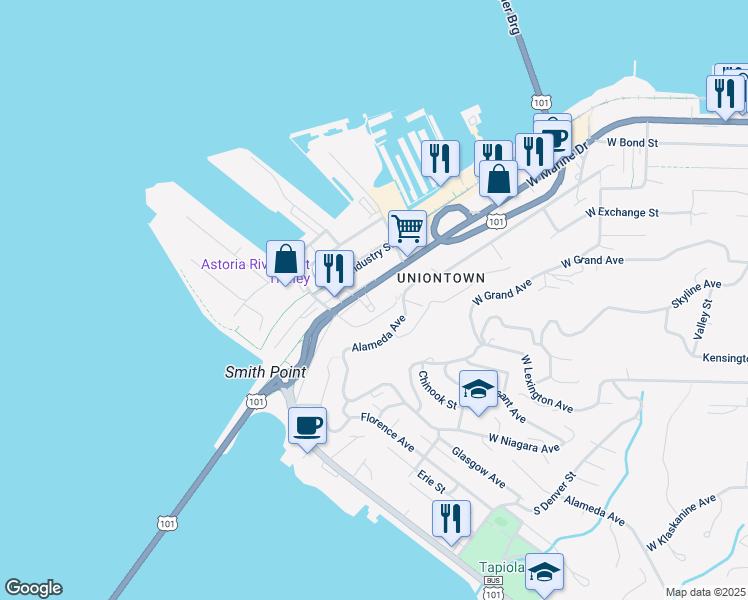 map of restaurants, bars, coffee shops, grocery stores, and more near 470 Hamburg Avenue in Astoria