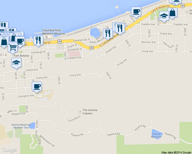 map of restaurants, bars, coffee shops, grocery stores, and more near 955 24th Street in Astoria