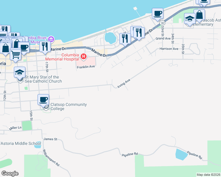 map of restaurants, bars, coffee shops, grocery stores, and more near 955 24th Street in Astoria