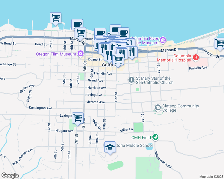 map of restaurants, bars, coffee shops, grocery stores, and more near 1160 Irving Avenue in Astoria